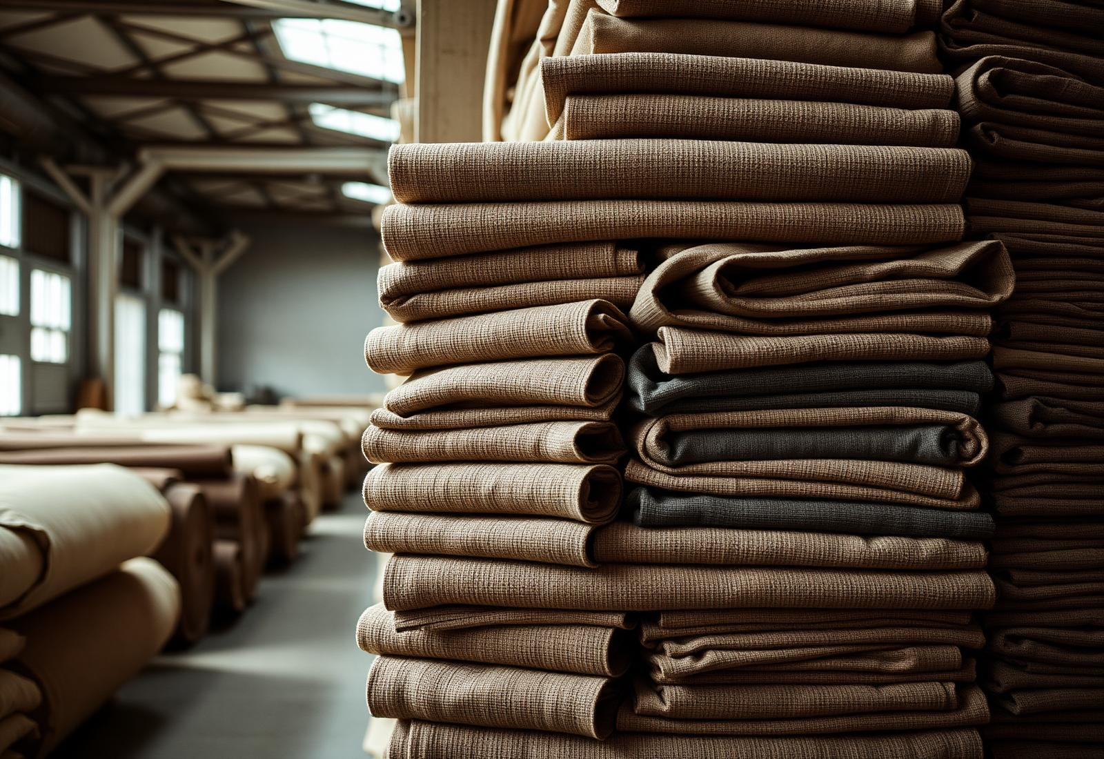 Rolls and stacks of woven apparel fabric prepared for garment manufacturing in India