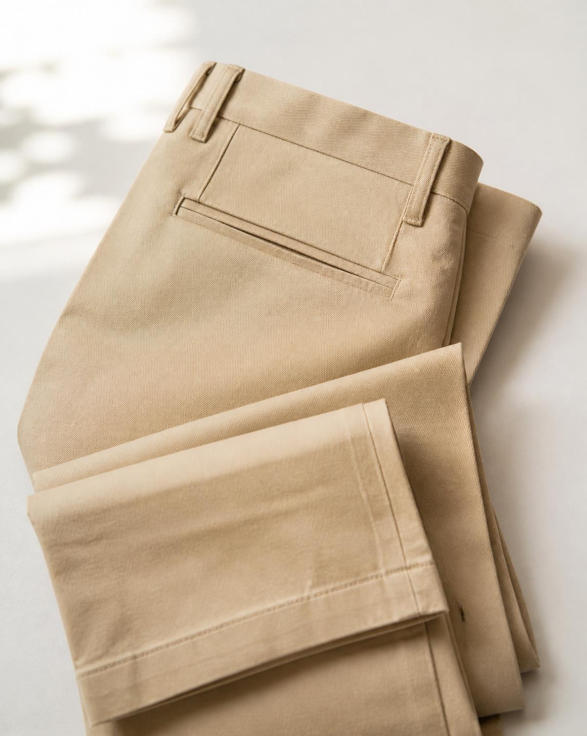 Folded beige woven chino trousers showing seam detail