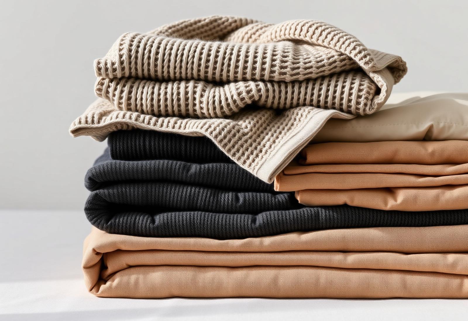 Folded knitwear and home textile products representing Sreevari's sourcing categories in India